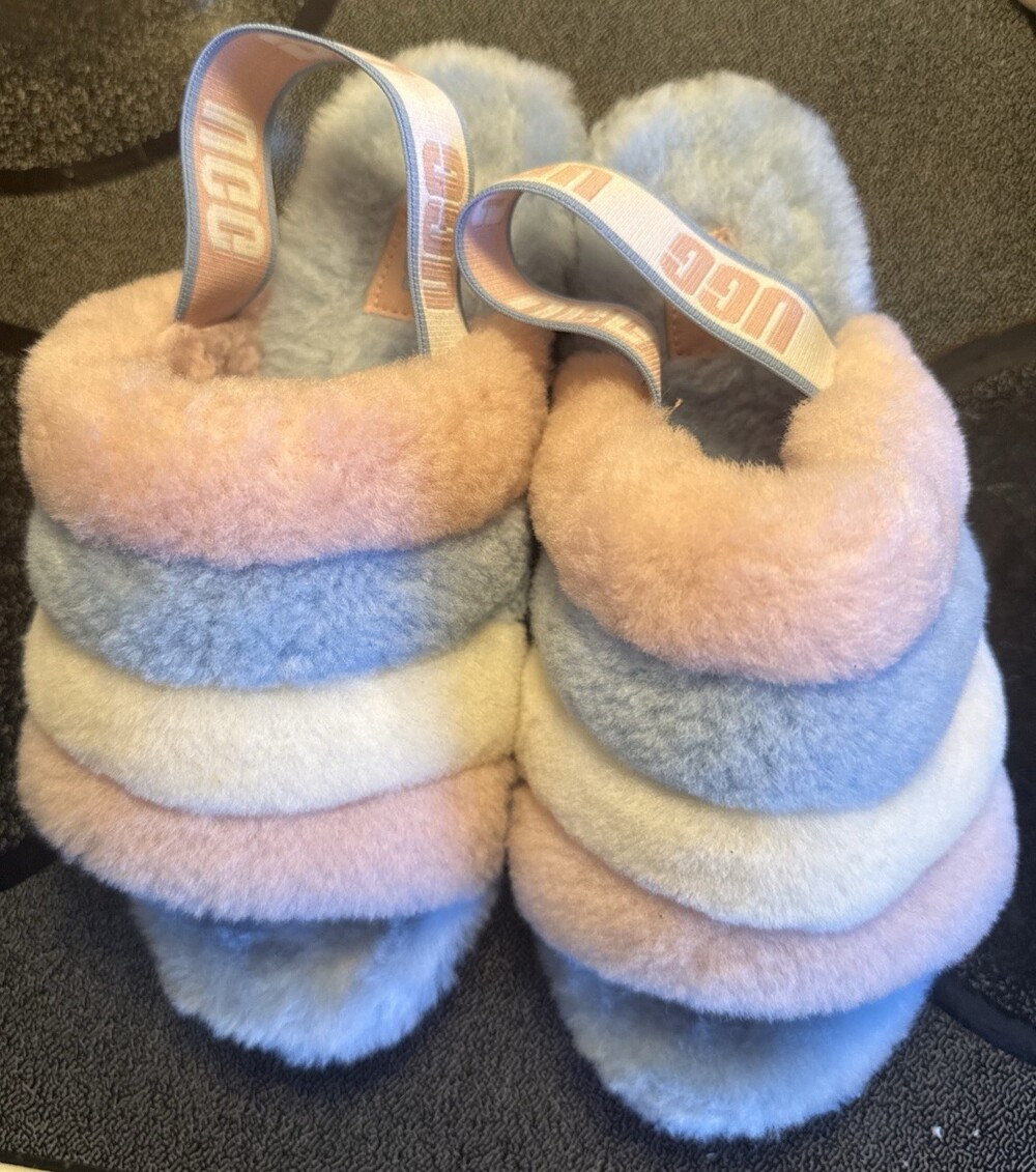 UGG Women's Fluff Yeah Slide Sandals, Size US 8, Pastel Rainbow / Pink Blue